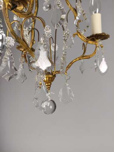 French Gilt Brass Crystal Triple Light Antique Chandelier