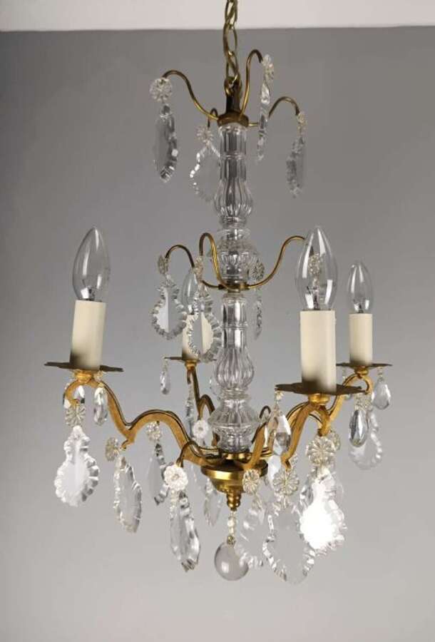 French Gilded Brass 4 Light Crystal Chandelier