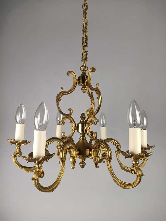 French Gilt Brass 6 Light Chandelier