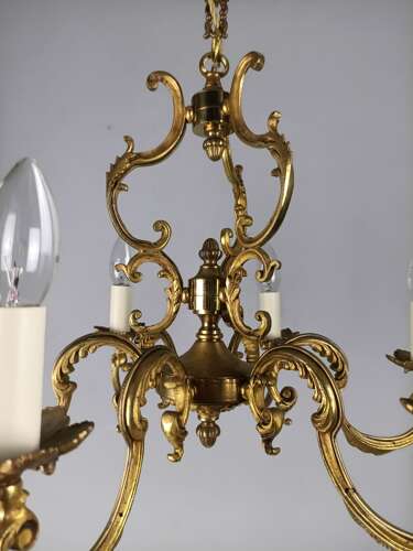 French Gilt Brass 6 Light Chandelier