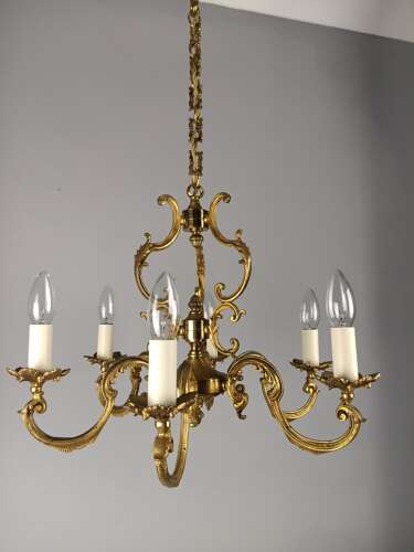 French Gilt Brass 6 Light Chandelier