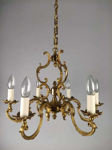 French Gilt Brass 6 Light Chandelier