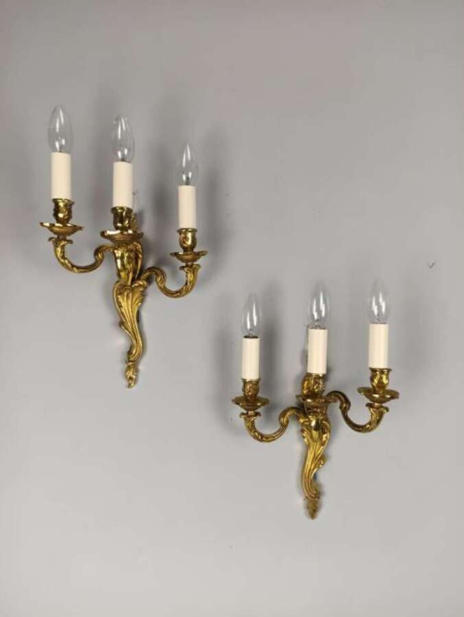 Pair of Antique French Gilded Brass Rococo Triple Arm Wall Sconces Lights. Rewired