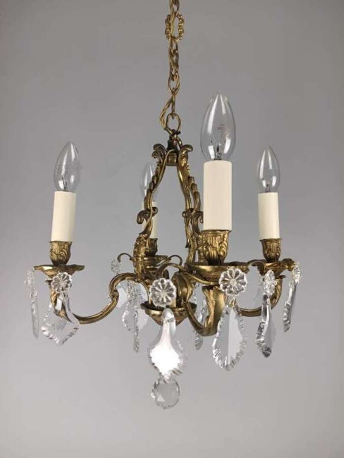 French Gilded Brass 4 Light Crystal Chandelier