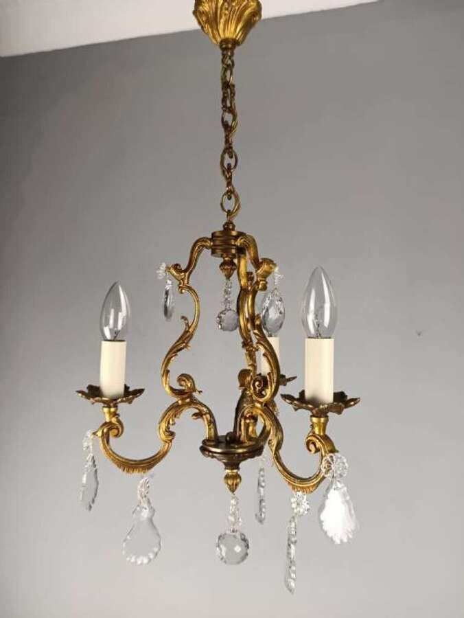 French Gilded Bronze Crystal Triple Light Antique Chandelier