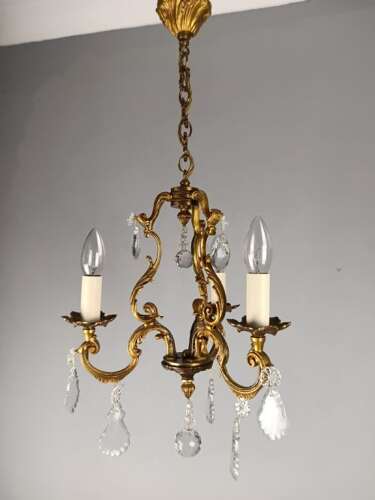 French Gilded Bronze Crystal Triple Light Antique Chandelier