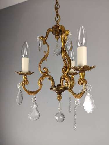 French Gilded Bronze Crystal Triple Light Antique Chandelier