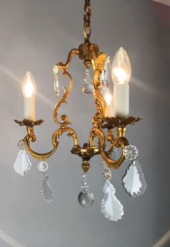 French Gilded Bronze Crystal Triple Light Antique Chandelier