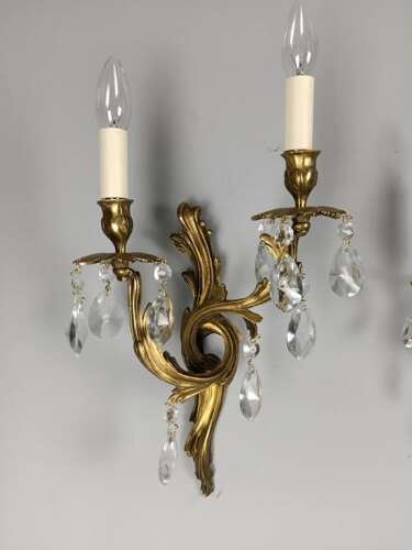 French Pair Of Gilded Twin Arm Antique Crystal Wall Lights