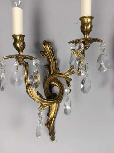 French Pair Of Gilded Twin Arm Antique Crystal Wall Lights