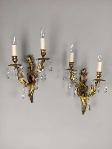 French Pair Of Gilded Twin Arm Antique Crystal Wall Lights