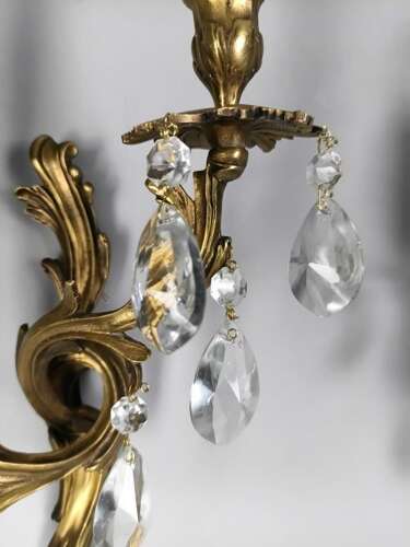 French Pair Of Gilded Twin Arm Antique Crystal Wall Lights