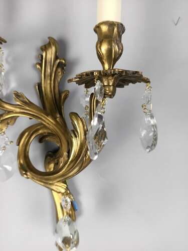 French Pair Of Gilded Twin Arm Antique Crystal Wall Lights