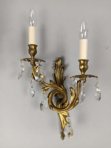 French Pair Of Gilded Twin Arm Antique Crystal Wall Lights