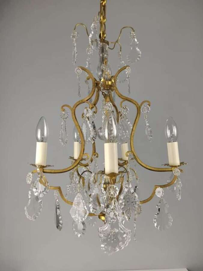 French Gilded & Crystal 5 Light Antique Birdcage Chandelier
