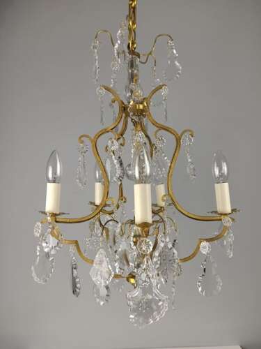 French Gilded & Crystal 5 Light Antique Birdcage Chandelier