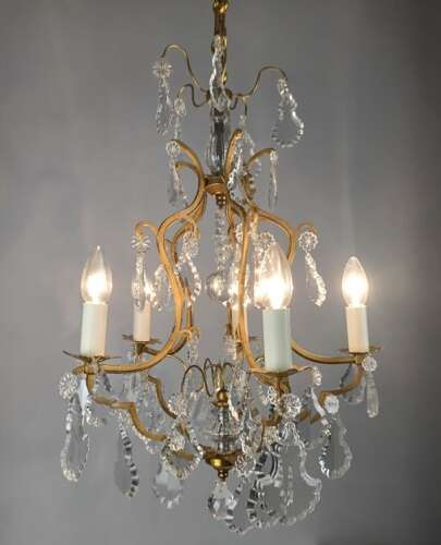 French Gilded & Crystal 5 Light Antique Birdcage Chandelier