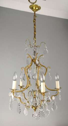 French Gilded & Crystal 5 Light Antique Birdcage Chandelier