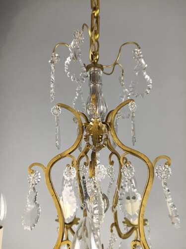 French Gilded & Crystal 5 Light Antique Birdcage Chandelier