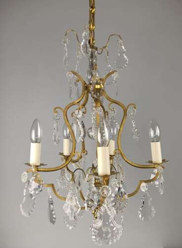 French Gilded & Crystal 5 Light Antique Birdcage Chandelier