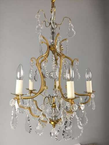 French Gilded & Crystal 5 Light Antique Birdcage Chandelier
