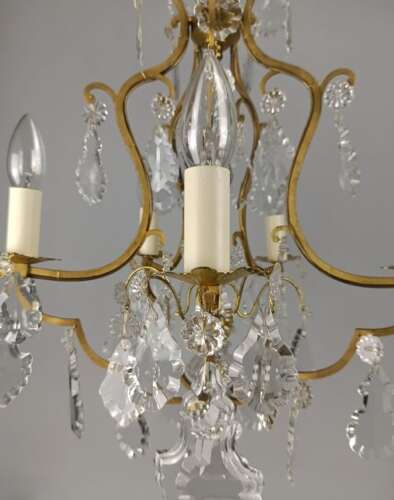French Gilded & Crystal 5 Light Antique Birdcage Chandelier