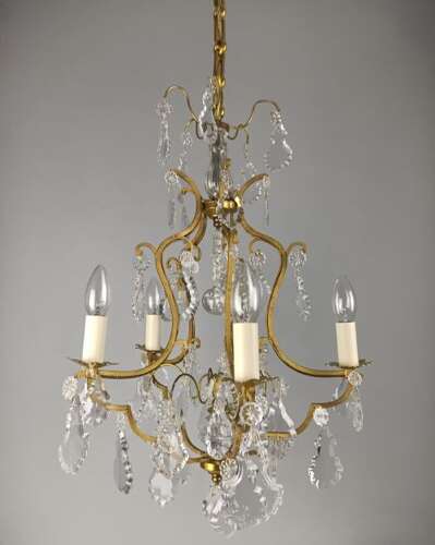 French Gilded & Crystal 5 Light Antique Birdcage Chandelier