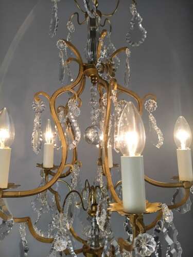 French Gilded & Crystal 5 Light Antique Birdcage Chandelier