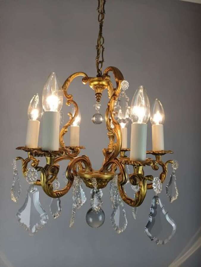 French Gilded & Crystal 6 Light Chandelier