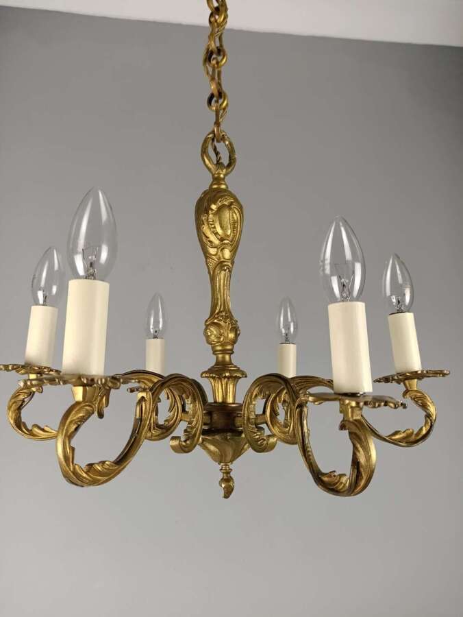 French Gilt Brass 6 Arm Chandelier