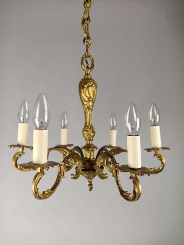 French Gilt Brass 6 Arm Chandelier