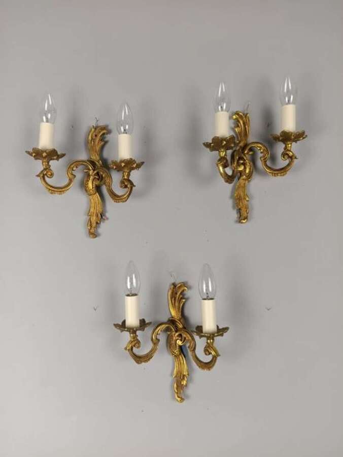 Set Of 3 French Gilded Twin Arm Antique Wall Lights