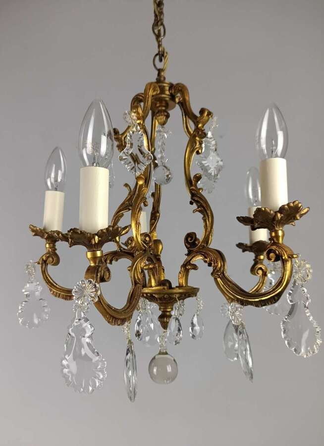 French Gilded & Crystal 5 Light Chandelier