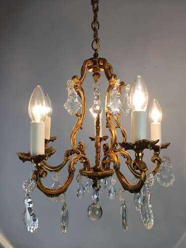 French Gilded & Crystal 5 Light Chandelier