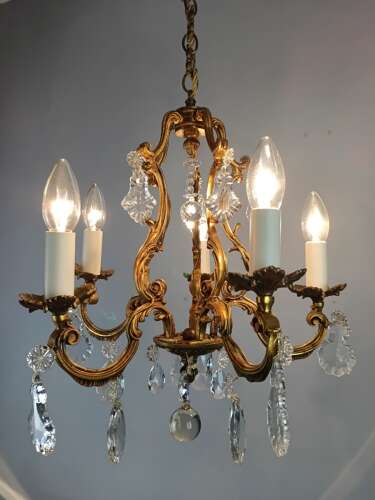 French Gilded & Crystal 5 Light Chandelier