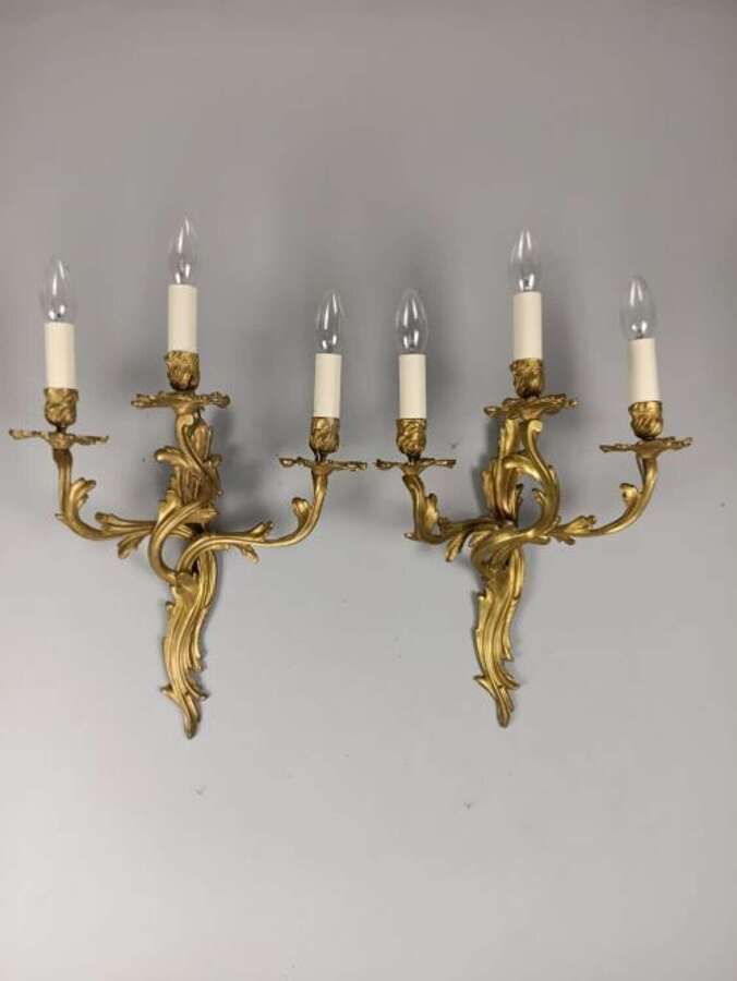 Pair of Antique French Gilded Bronze Rococo Triple Arm Wall Sconces Lights. Rewired