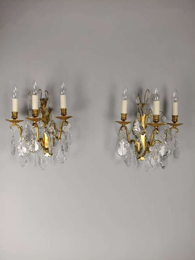 Pair Of Antique French Triple Arm Gilded Brass Baroque Crystal Wall Lights. Rewired
