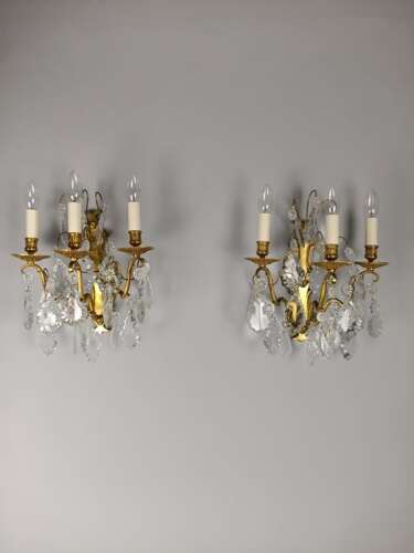 Pair Of Antique French Triple Arm Gilded Brass Baroque Crystal Wall Lights. Rewired