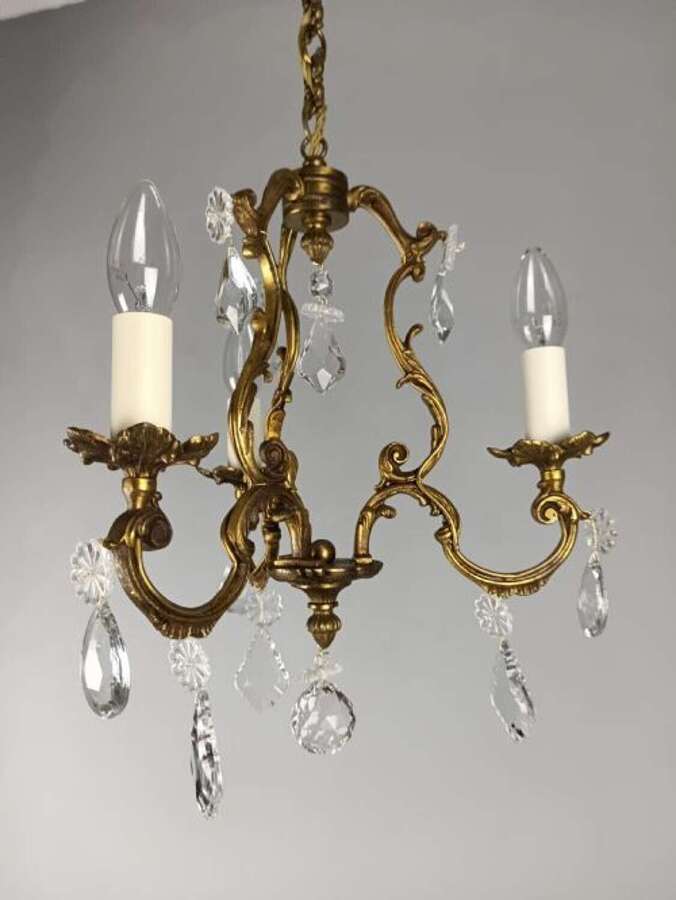 French Gilded & Crystal 3 Light Chandelier