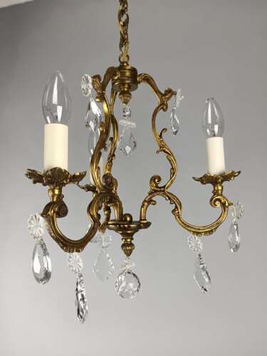 French Gilded & Crystal 3 Light Chandelier