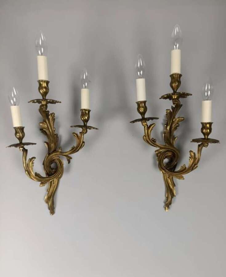 Pair of Large Antique French Triple Arm Gilded Bronze Rococo Wall Lights Sconces. Rewired
