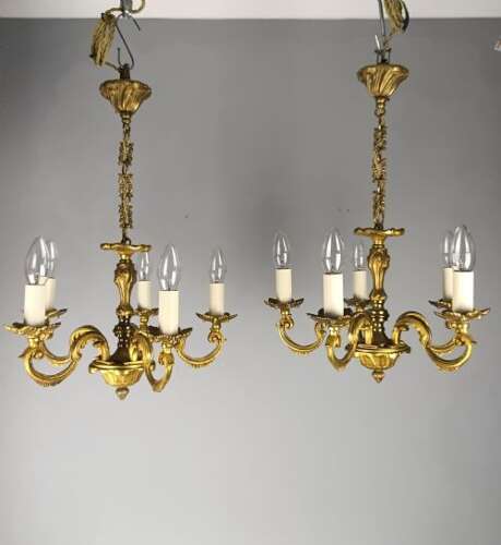Pair of French Gilt Brass 5 Light Chandeliers