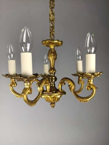 Pair of French Gilt Brass 5 Light Chandeliers