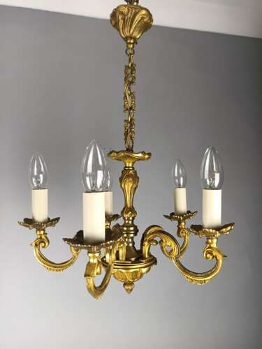Pair of French Gilt Brass 5 Light Chandeliers