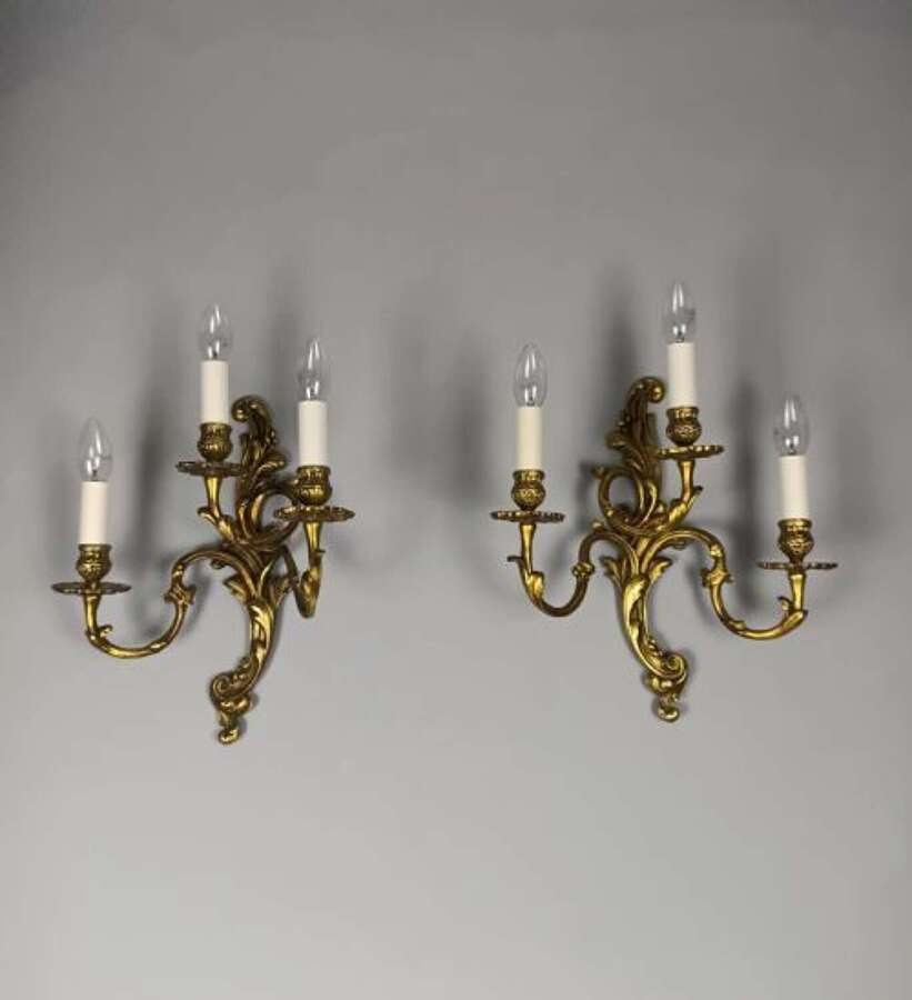 Pair of Antique French Gilded Brass Triple Arm Wall Lights Rococo Sconces. Rewired