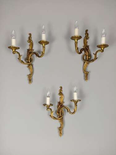 Set of 3 Large Antique French Ornate Gilded Bronze Rococo Wall Lights Sconces. Rewired