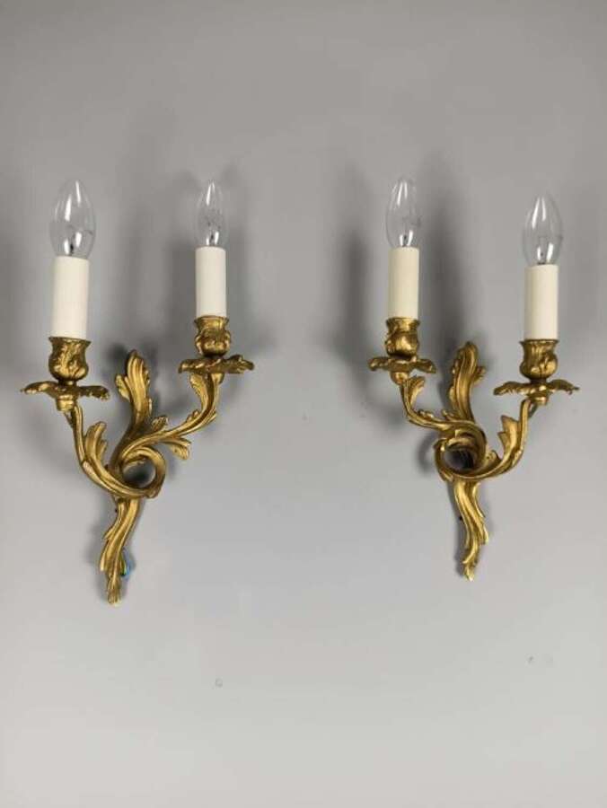 French Pair Of Small Gilded Twin Arm Antique Wall Lights