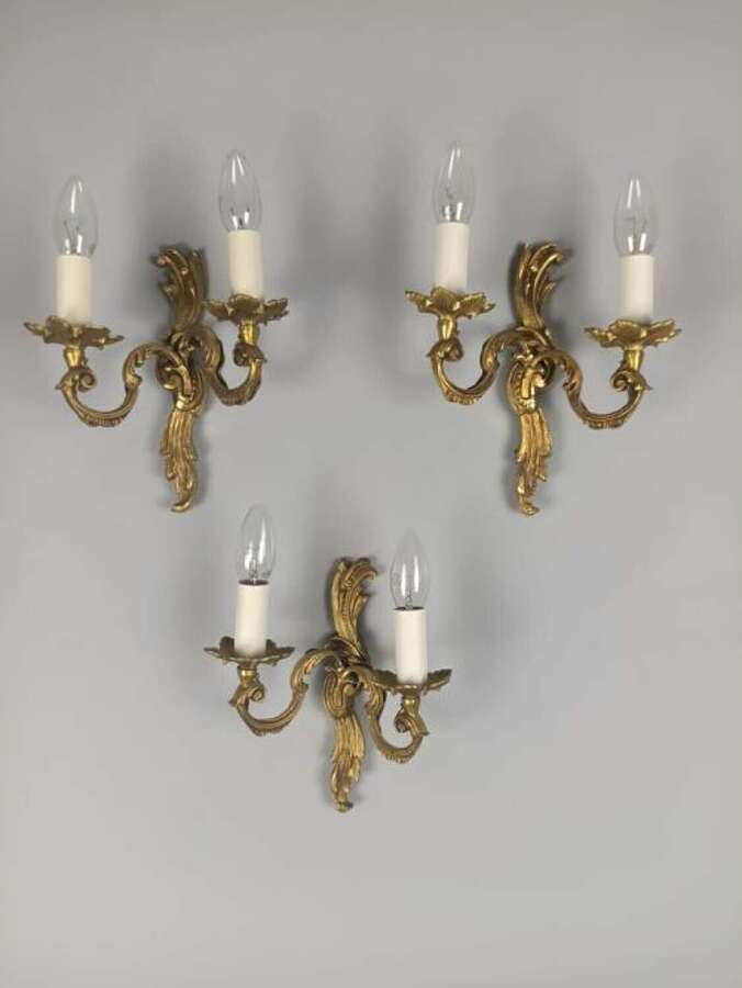Set Of 3 French Gilded Twin Arm Antique Wall Lights
