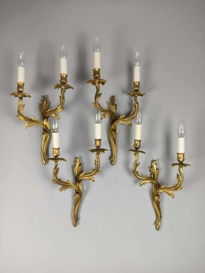 Set of 4 Large French Rococo Twin Arm Wall Lights, Rewired, c1920