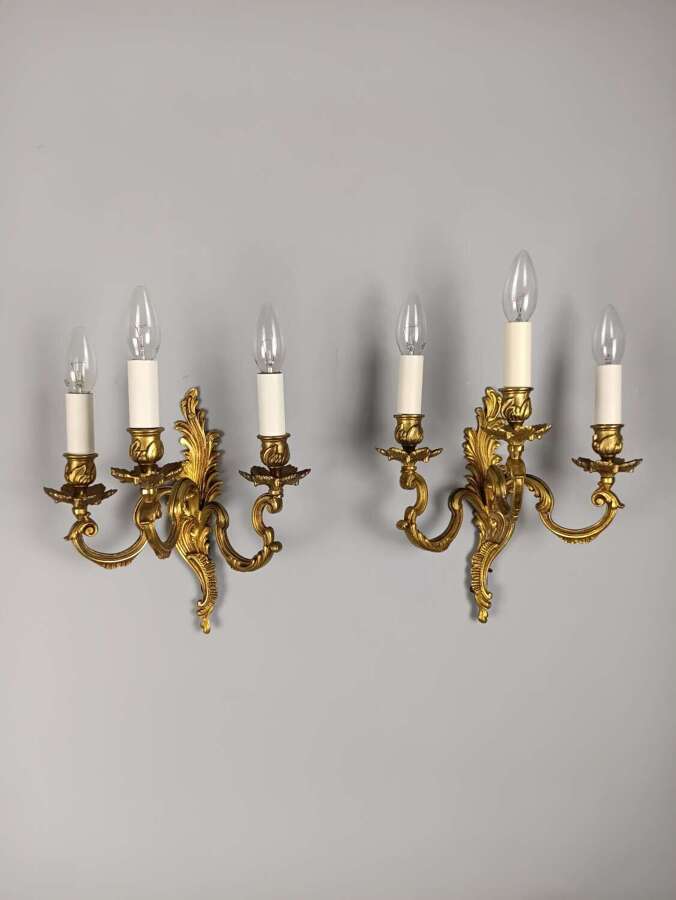 Pair of  French Antique Triple Arm Rococo Gilded Bronze Wall Lights